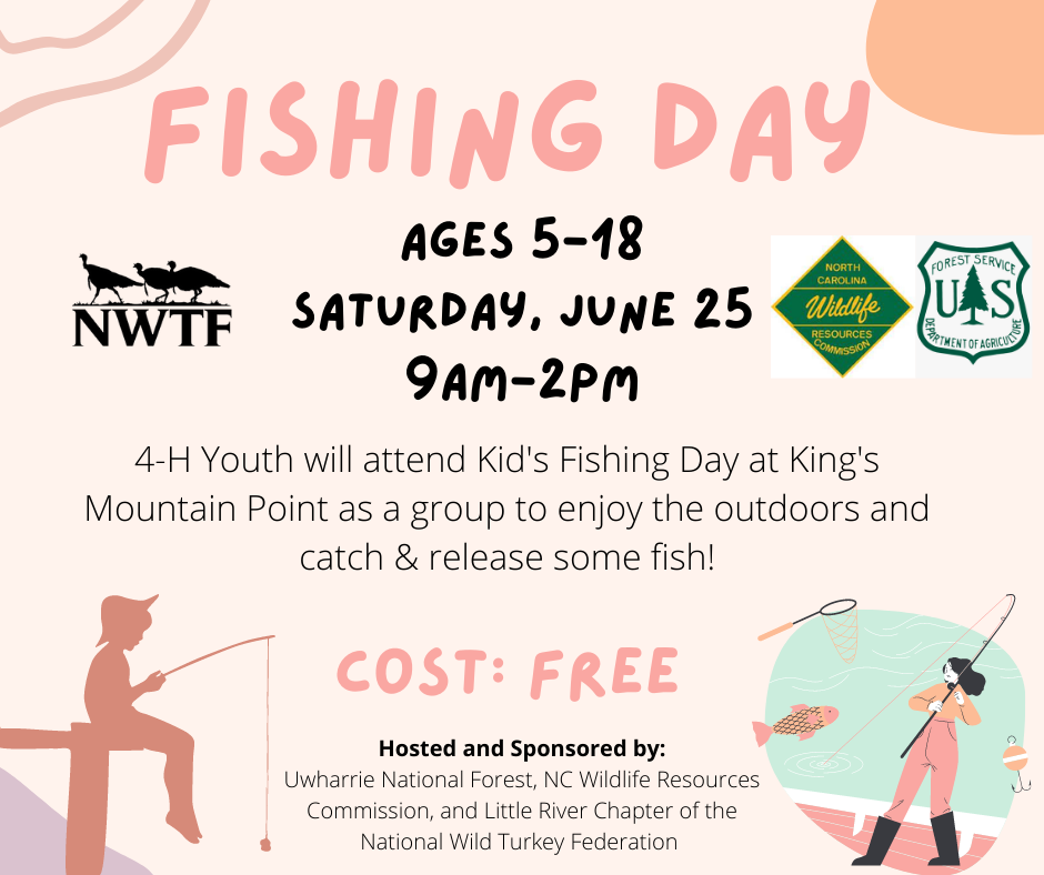 A flyer for Fishing day showing the logos for the Wildlife Resources Commission, National Wild Turkey Federation and the NC Wild Life Resources Commission