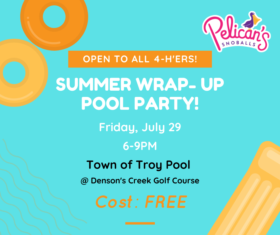 A flyer for the 4-H Summer Wrap-up Pool Party.